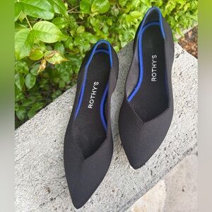 Rothy's Black Pointed-Toe Flats with Blue Trim
